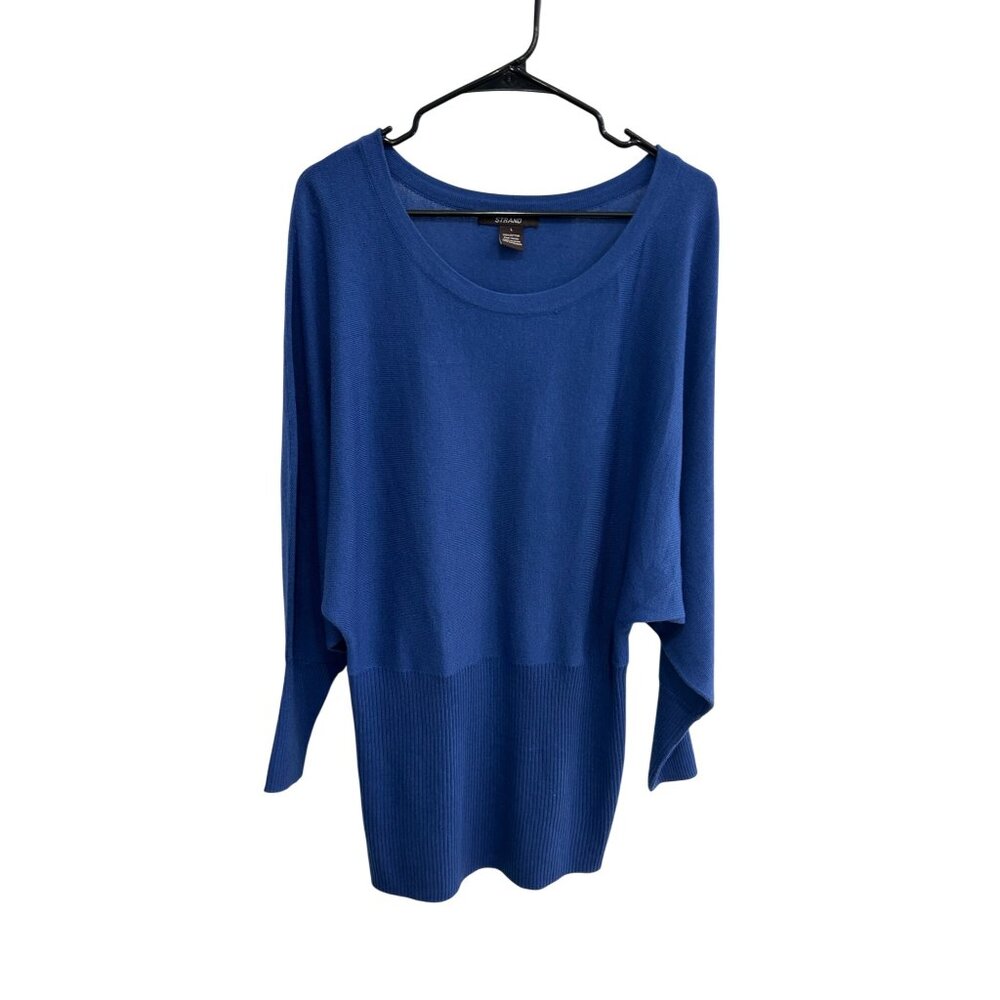 Strand Womens Blue Long-Sleeve Lightweight Ribbed Hem Sweater Size Large Cozy